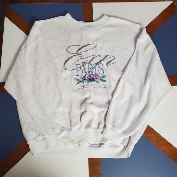 Vintage Express Sweatshirt Paris Womens‎ Medium M White Floral Embroidery FLAW - Picture 1 of 10